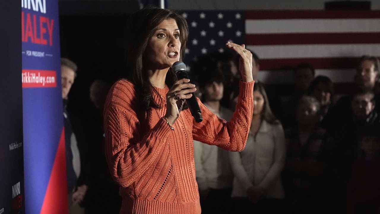 Republican presidential candidate and former U.N. Ambassador Nikki Haley addresses a gathering at a VFW hall during a campaign stop, Monday, Jan. 22, 2024, in Franklin, N.H. (AP Photo/Charles Krupa)