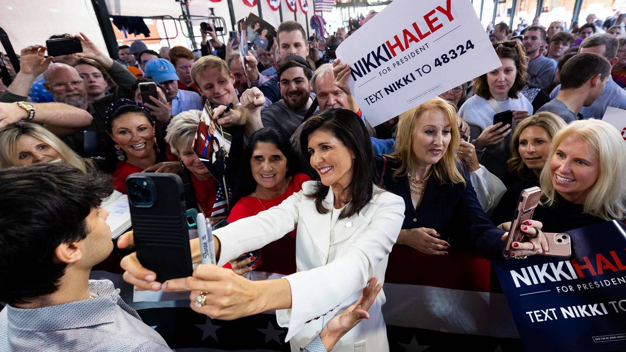 Republican presidential candidate Nikki Haley greets supporters after her speech Wednesday in Charleston, S.C. (AP Photo/Mic Smith)