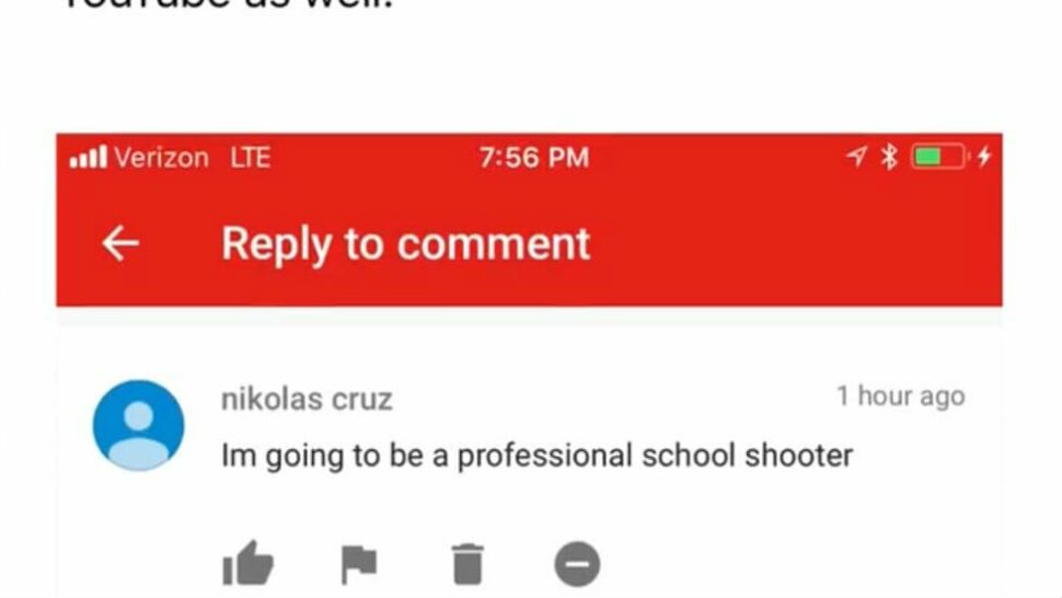 Screen shot of comment believed to be left by Florida school shooter Nikolas Cruz. Image/YouTube