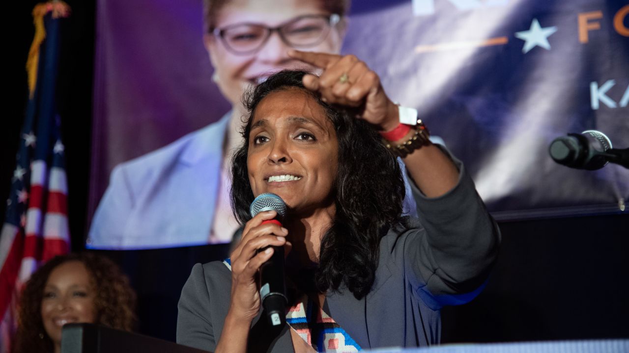 Los Angeles City Council Member Nithya Raman speaks during the Karen Bass election night party at the W Hotel Tuesday, June 7, 2022, in Hollywood. (AP Photo/John McCoy)