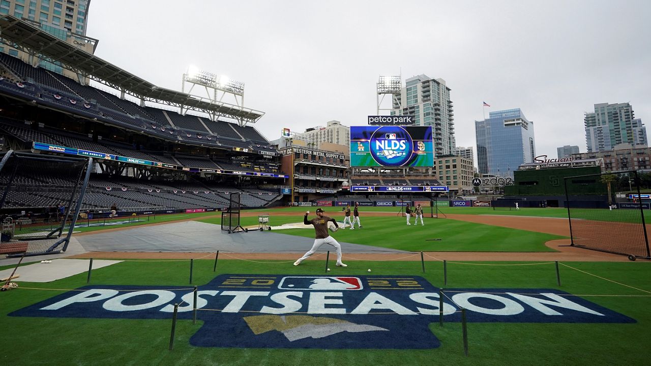 San Diego Padres pitcher Joe Musgrove throws during baseball practice Thursday, Oct. 13, 2022, in San Diego. The Padres host the Los Angeles Dodgers for Game 3 of an NL Division Series on Friday. (AP Photo/Gregory Bull)