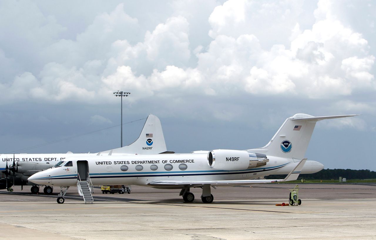 A Hurricane Hunter Gulfstream IV-SP (G-IV) aircraft warms up its engines before takeoff from MacDill Air Force Base in Tampa, Fla., Tuesday, Aug. 23, 2011. The crew of the aircraft flies to the eye of hurricanes and gathers data.