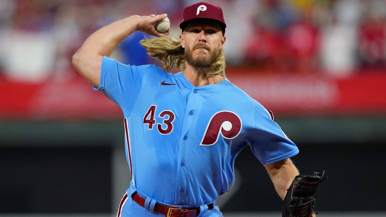 Philadelphia Phillies starting pitcher Noah Syndergaard throws during the first inning in Game 5 of baseball's World Series between the Houston Astros and the Philadelphia Phillies on Thursday, Nov. 3, 2022, in Philadelphia. (AP Photo/Matt Slocum, File)