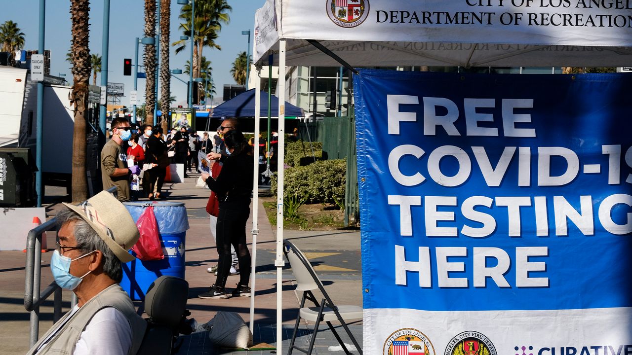 People wait in line to be tested for COVID-19 at a testing site in the North Hollywood section of Los Angeles on Saturday, Dec. 5, 2020. (AP Photo/Richard Vogel)