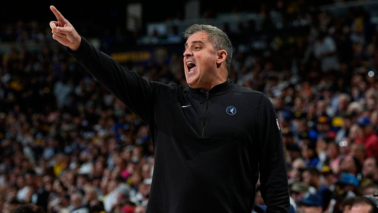 Minnesota Timberwolves assistant coach Micah Nori directs his team in the first half of Game 7 of an NBA second-round playoff series against the Denver Nuggets, Sunday, May 19, 2024, in Denver. (AP Photo/David Zalubowski)