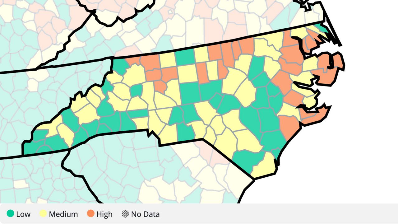 More counties in North Carolina are in the Centers for Disease Control and Prevention's COVID "red zone" with high levels of community spread.