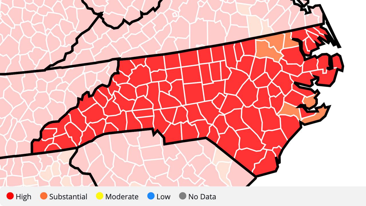 Almost all counties in North Carolina are back in the CDC's red zone for coronavirus transmission. 