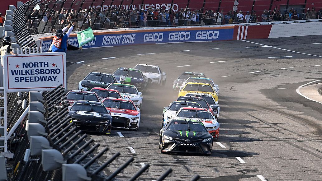 Ty Gibbs (54) leads a pack of cars to the green flag during the NASCAR All-Star Open Cup Series race at North Wilkesboro Speedway, Sunday, May 21, 2023, in North Wilkesboro, N.C. (AP File Photo/Matt Kelley)