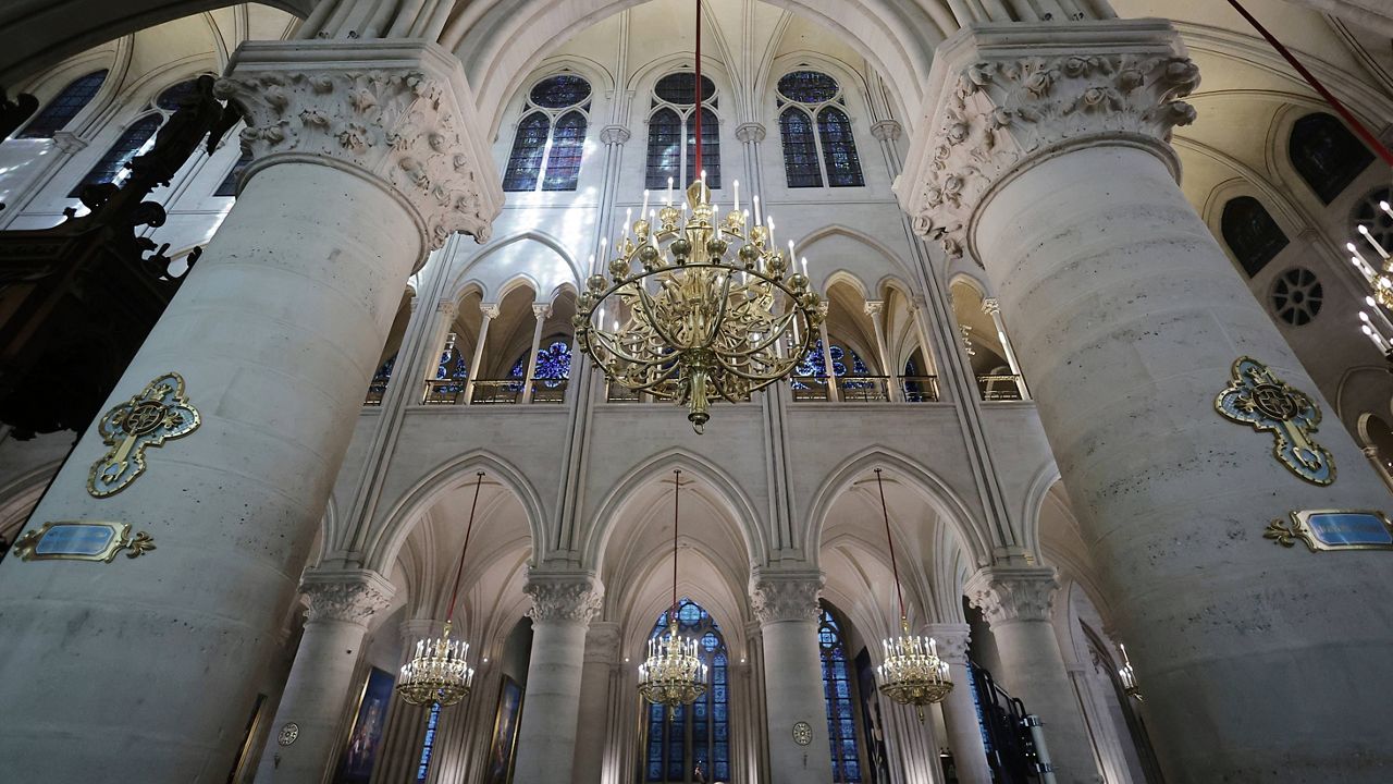 A view of the Notre Dame Cathedral as French President Emmanuel Macron visits the restored interiors of the monument, Friday, Nov.29, 2024 in Paris. (Christophe Petit Tesson, Pool via AP)