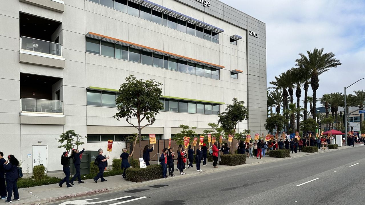 Nurses in Long Beach on strike Thursday. (Spectrum News/Parker Collins)