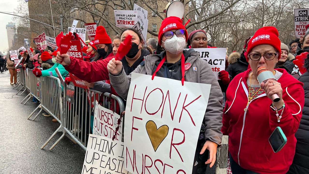 Nurses strike at Mount Sinai Hospital in Manhattan on Jan. 9, 2023.