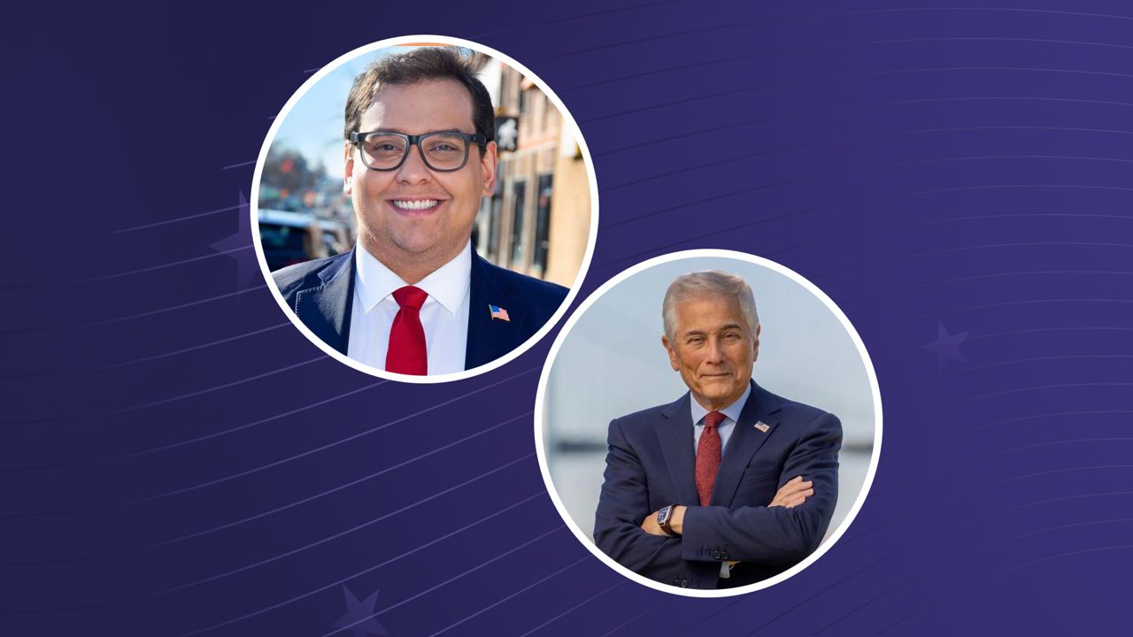 Republican George Santos, left, and Democrat Robert Zimmerman, right, are running in what is believed to be the first general election race between two openly gay candidates in U.S. history. (NY1 graphic)