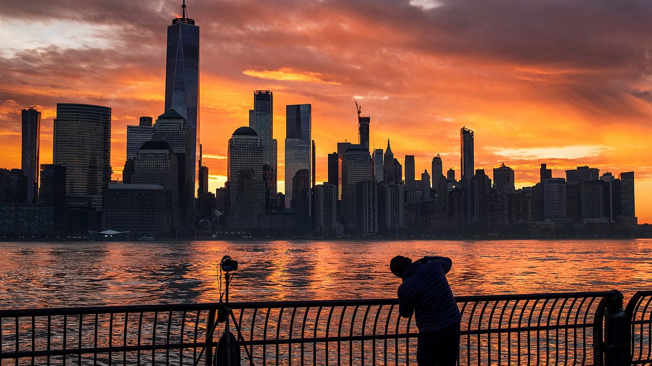 New York City skyline around sunset
