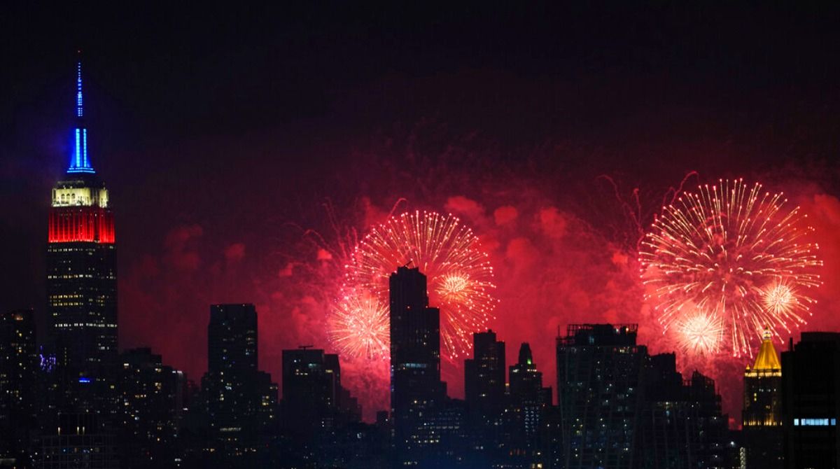 Fireworks explode over the New York City skyline on Sunday, July 4, 2021 as seen from Jersey City.