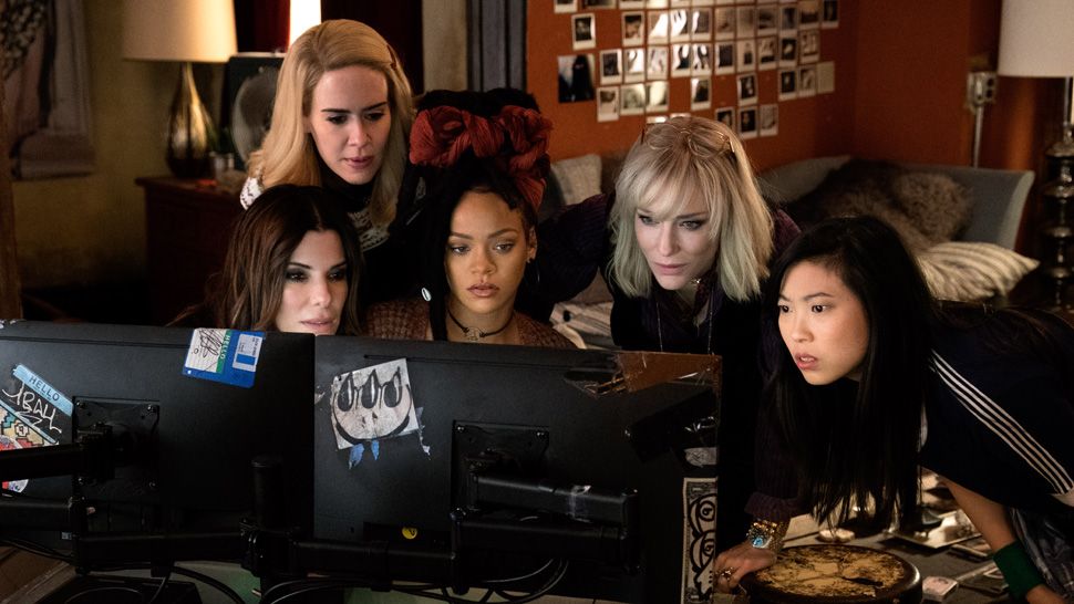 Sandra Bullock, Sarah Paulson, Rihanna, Cate Blanchett and Awkwafina in a scene from "Ocean's 8." (Warner Bros.)