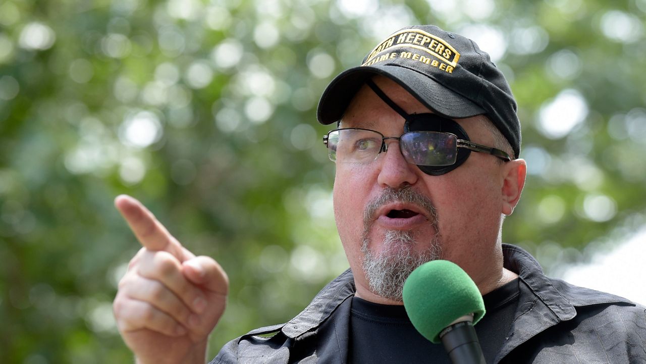 Stewart Rhodes, founder of the Oath Keepers, speaks during a rally outside the White House in Washington, June 25, 2017. A member of the Oath Keepers says the extremist group was prepared on Jan. 6, 2021, to stop the certification of President Joe Biden’s electoral victory by “any means necessary.” Jason Dolan took the stand Tuesday to testify against Rhodes in the hopes of getting a lighter sentence as part of a deal with prosecutors. (AP Photo/Susan Walsh, File)