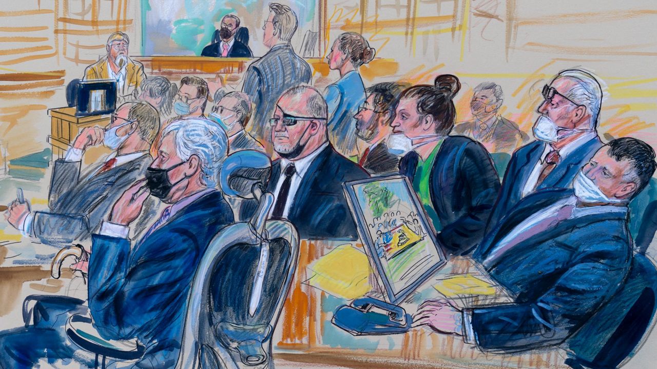 This artist sketch depicts the trial of Oath Keepers leader Stewart Rhodes and four others charged with seditious conspiracy in the Jan. 6, 2021, Capitol attack, in Washington on Thursday. (Dana Verkouteren via AP)