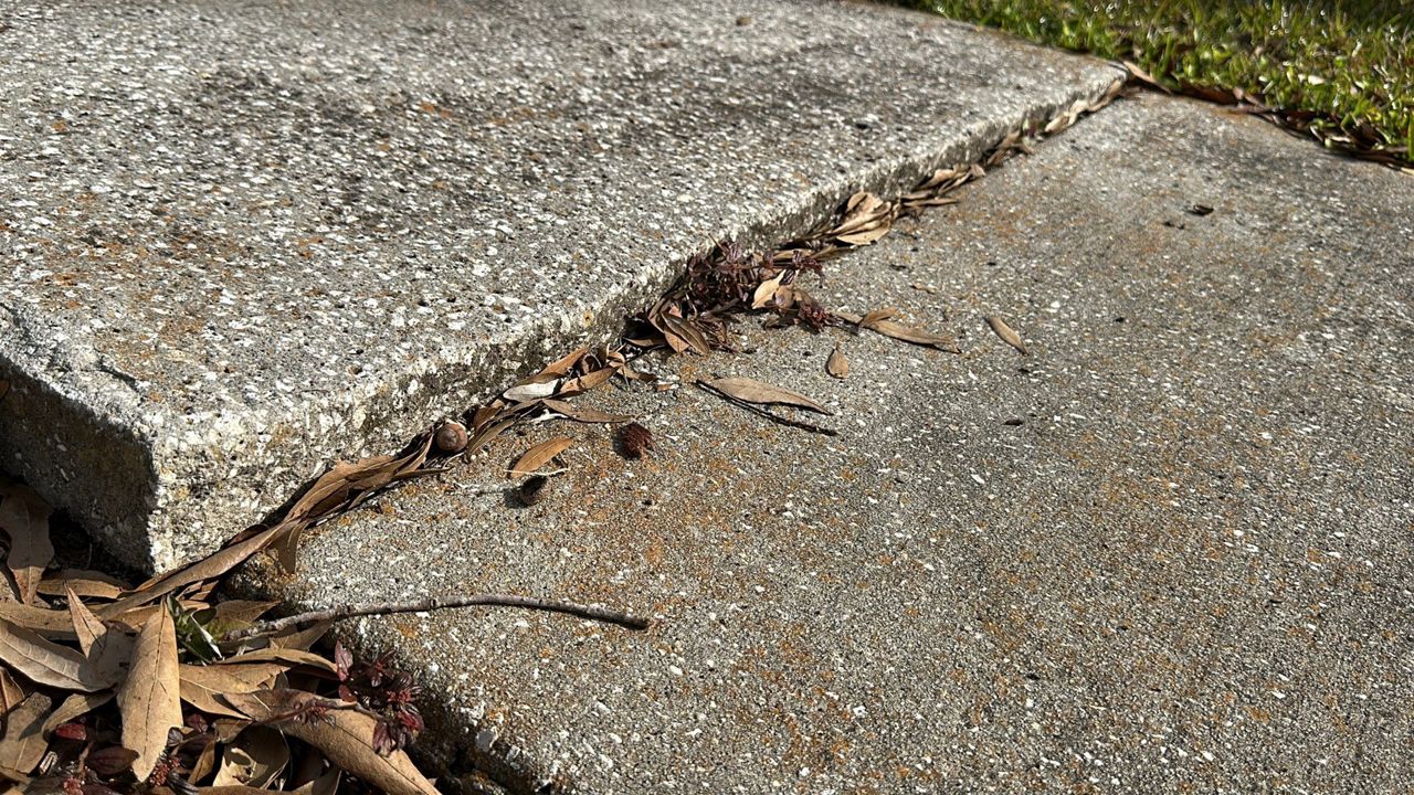 Ebony Germain says uneven sidewalks are causing major tripping problems in Ocoee’s Neumann Village. (Spectrum News 13/Jerry Hume)
