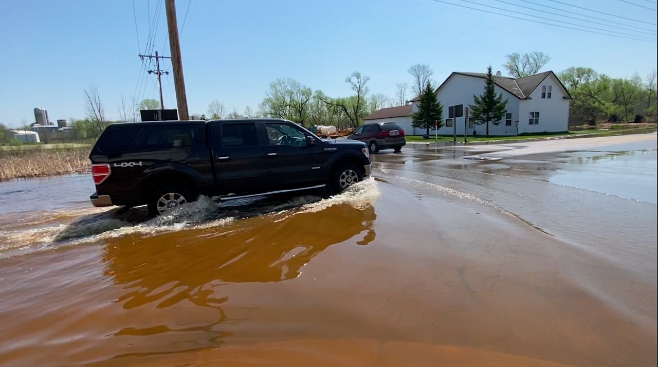 Roads were covered in water in Klondike, Wisconsin, Friday morning