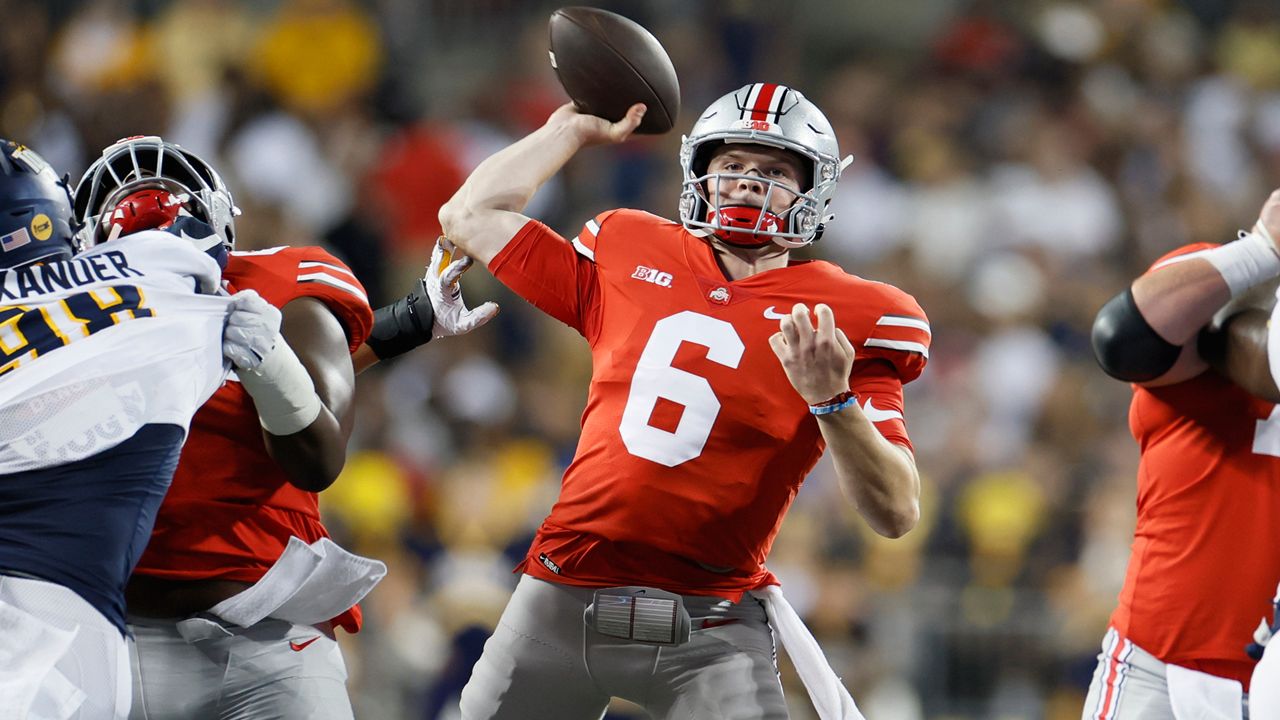 Ohio State's Kyle McCord plays against Toledo during an NCAA college football game Saturday, Sept. 17, 2022, in Columbus, Ohio. (AP Photo/Jay LaPrete, File)