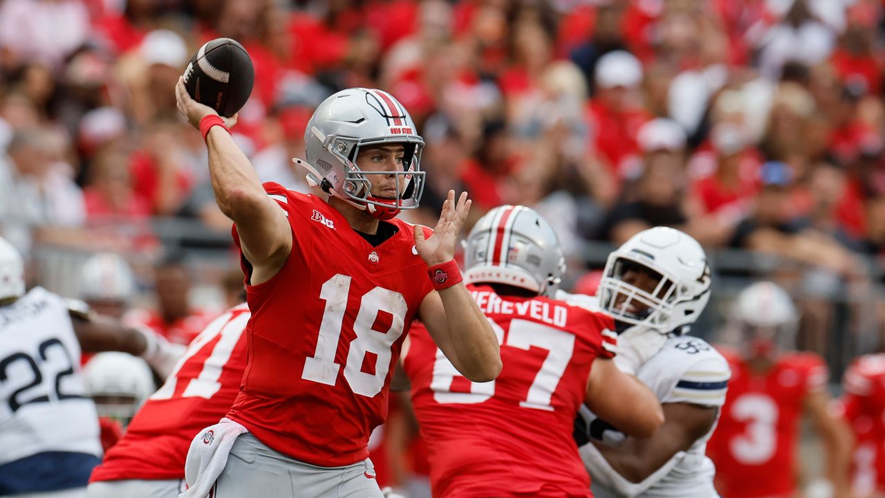 Ohio State quarterback Will Howard (18) looks to throw a pass against Akron during the second half of an NCAA college football game Saturday, Aug. 31, 2024, in Columbus, Ohio. (AP Photo/Jay LaPrete)