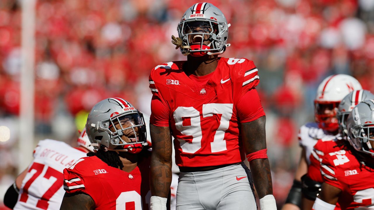 Ohio State defensive lineman Kenyatta Jackson celebrates making a tackle for a loss against Nebraska during the first half of an NCAA college football game Saturday, Oct. 26, 2024, in Columbus, Ohio.