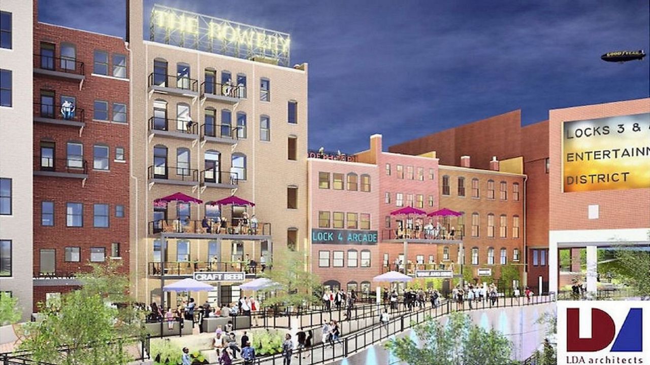 Rendering of the canal side of the Bowery District and Akron Civic Theatre