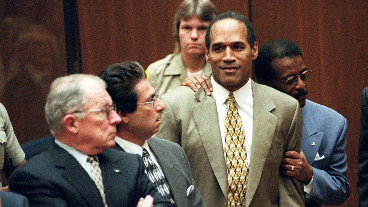 In this Oct. 3, 1995, file photo, attorney Johnnie Cochran Jr. holds O.J. Simpson as the not guilty verdict is read in a Los Angeles courtroom during his trial in Los Angeles. Defense attorneys F. Lee Bailey, left, Robert Kardashian look on. (Myung J. Chun/Los Angeles Daily News via AP)