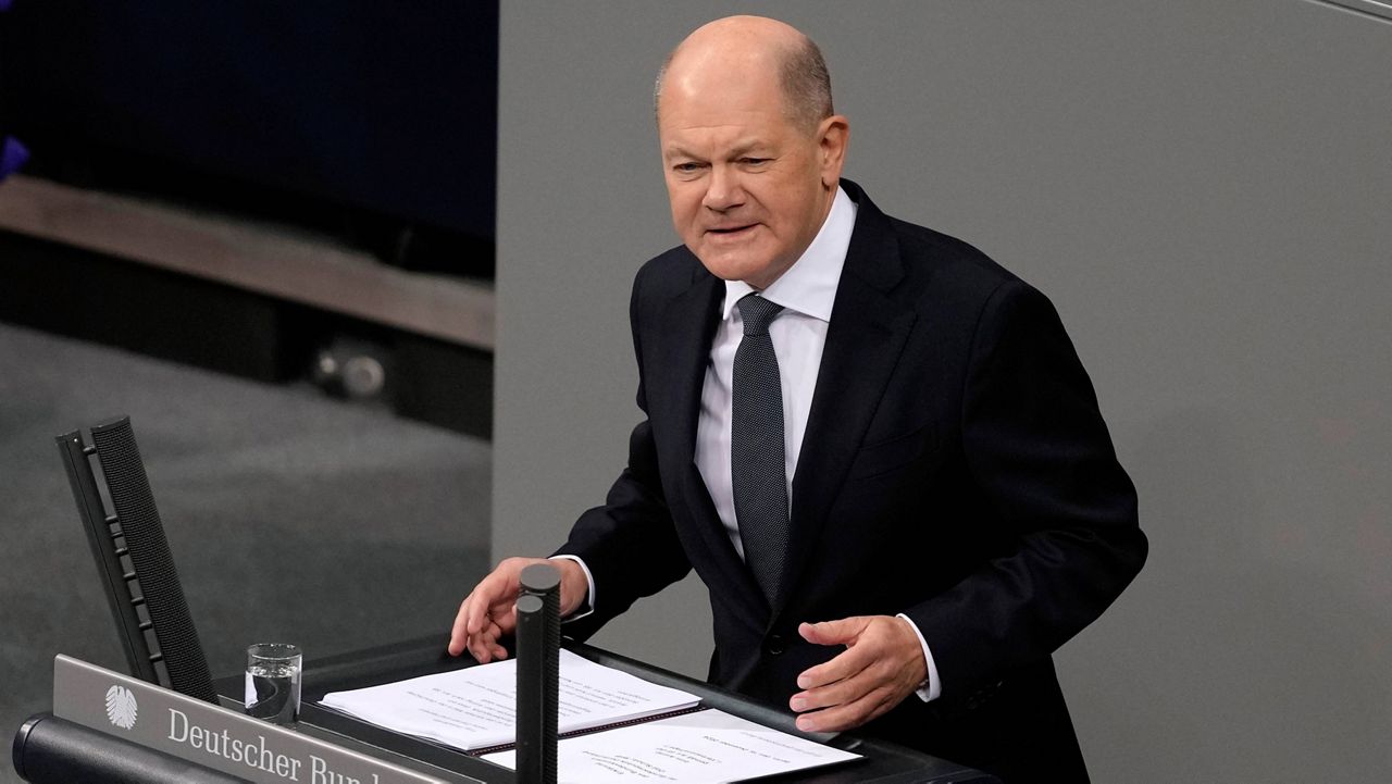 German Chancellor Olaf Scholz speaks during a plenary session at the German parliament Bundestag where he faces a vote of confidence, Berlin, Germany, Monday, Dec. 16, 2024. (AP Photo/Markus Schreiber)