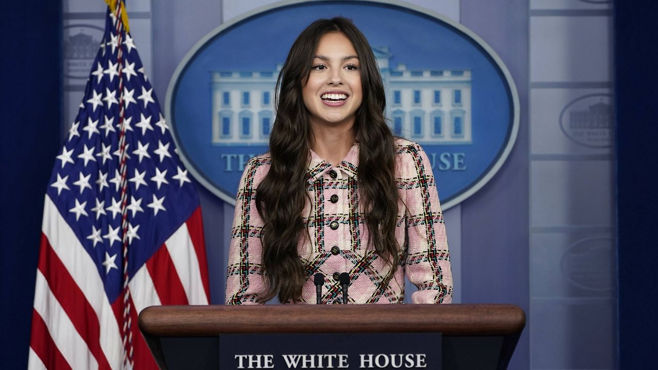 Olivia Rodrigo addresses reporters at the White House news briefing on July 14. (AP Photo/Susan Walsh)