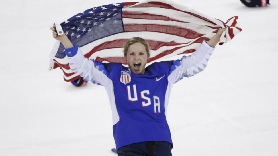 Jocelyne Lamoureux-Davidson (17), of the United States, celebrates after winning against Canada in the women’s gold medal hockey game at the 2018 Winter Olympics in Gangneung, South Korea, Thursday, Feb. 22, 2018. (AP Photo/Matt Slocum)
