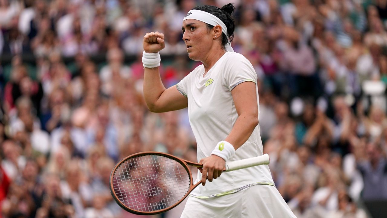 Tunisia's Ons Jabeur reacts as she wins a point against Czech Republic's Marketa Vondrousova in the final of the women's singles of the Wimbledon tennis championships in London on Saturday, July 15, 2023. (AP file photo/Alberto Pezzali)