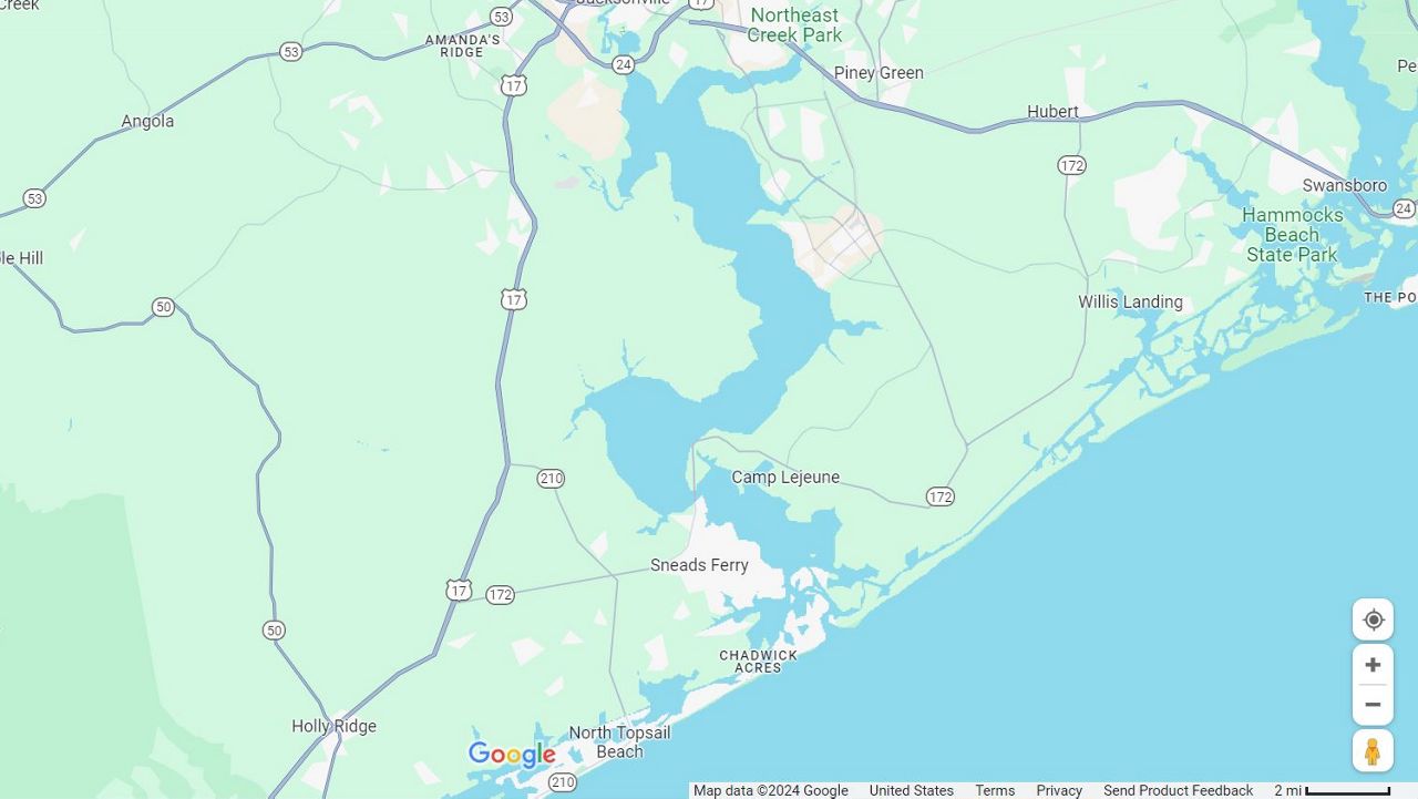 An EF1 tornado touched down Friday evening and traveled for 9 miles, damaging trees along its path south of Jacksonville, according to the National Weather Service. (Google Maps)