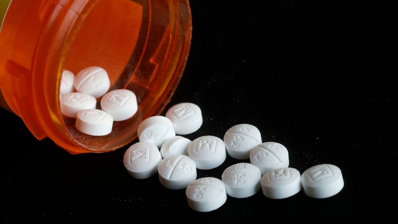 This Aug. 29, 2018 photo shows an arrangement of prescription Oxycodone pills in New York. (AP Photo/Mark Lennihan)