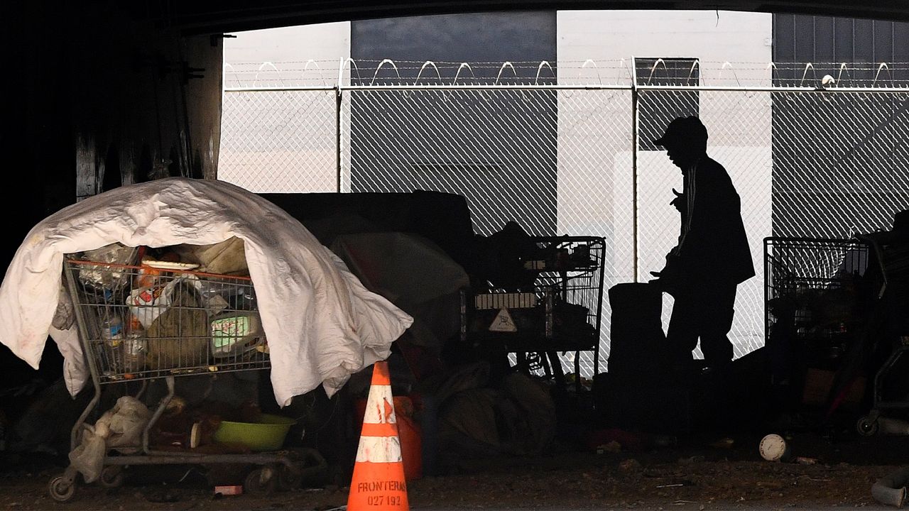 In this May 21, 2020 file photo, a man is seen at a homeless encampment that sits under Interstate 110 near Ramirez Street during the coronavirus outbreak in downtown Los Angeles.  (AP Photo/Mark J. Terrill, File)
