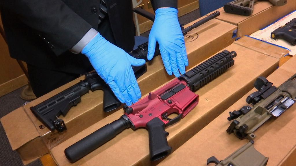 Ghost guns are displayed at the headquarters of the San Francisco Police Department, in San Francisco, Nov. 27, 2019. (AP Photo/Haven Daley, File)