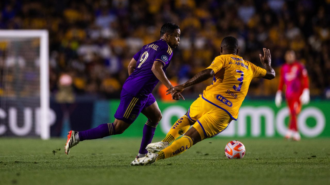 Orlando City's Luis Muriel tries to control the ball against Tigres UANL at the CONCACAF Champions Cup on Tuesday, March 12 in MONTERREY, Nuevo Leon, Mexico. (Courtesy of Orlando City SC/Mark Thor)