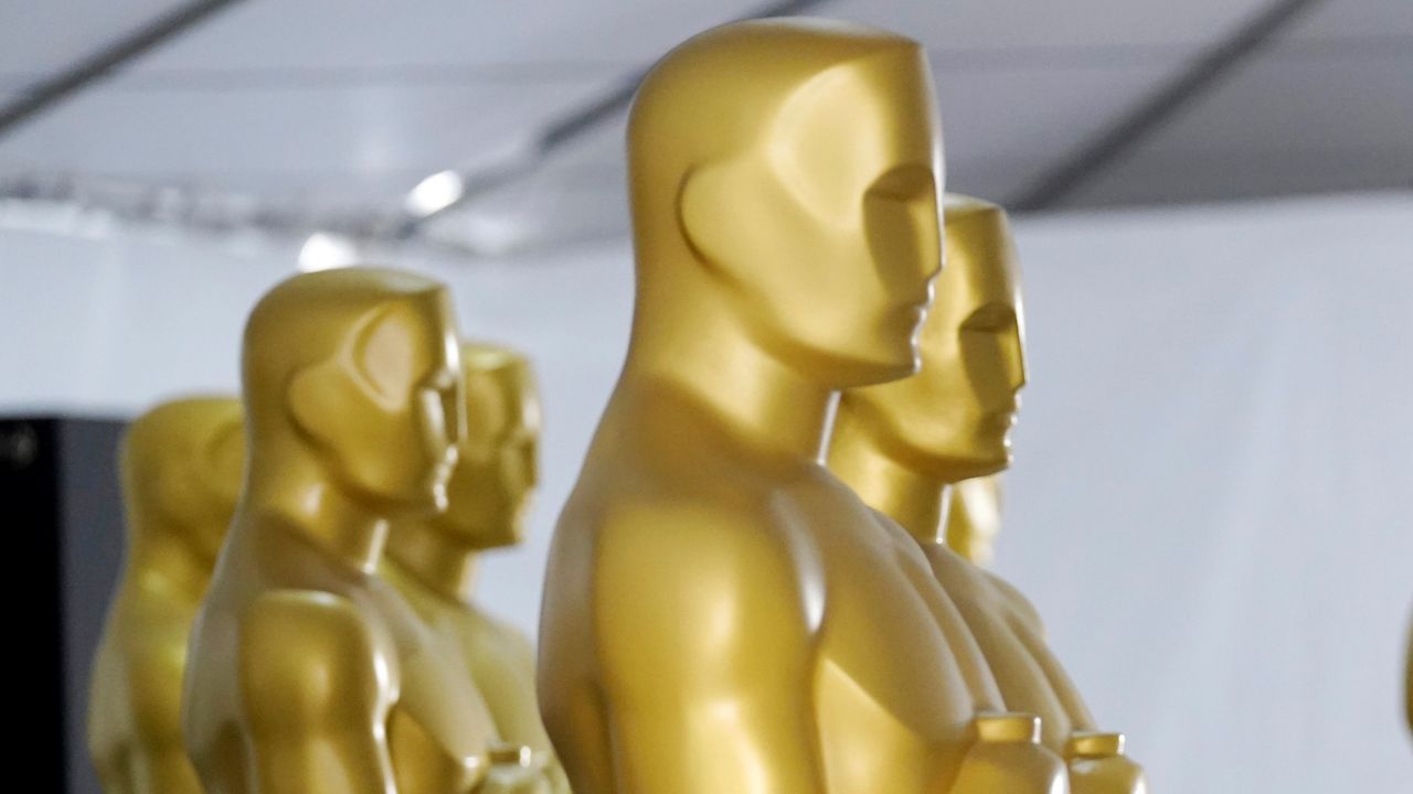 Oscar statues for Sunday’s 95th Academy Award near the Dolby Theatre in Los Angeles. (AP Photo/Chris Pizzello)