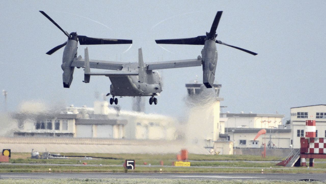 A U.S. military CV-22 Osprey takes off from Iwakuni base, Yamaguchi prefecture, western Japan, on July 4, 2018. (Kyodo News via AP, File)