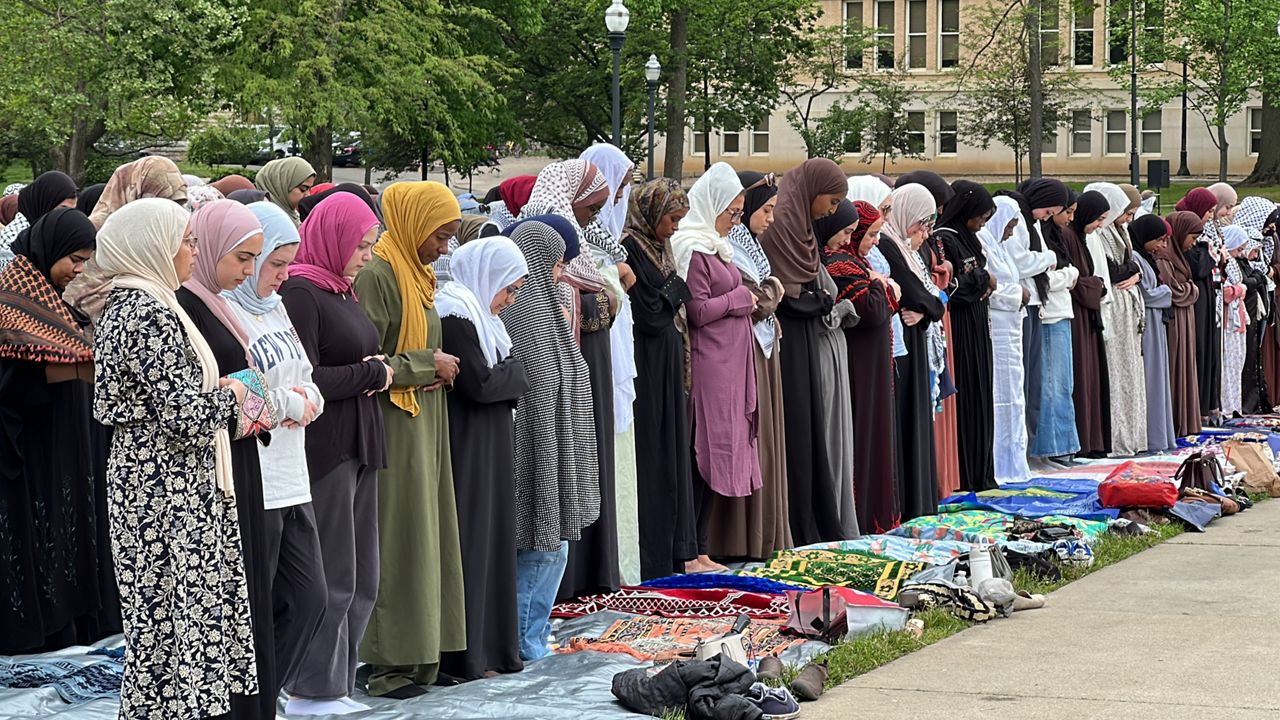 Muslims join for community prayer on Ohio State’s campus Friday, May 3.
