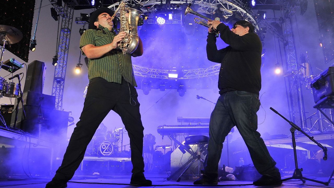 Ozomatli performs onstage at Concerts in your Car at the Ventura County Fairgrounds on Saturday, July 18, 2020, in Ventura, Calif. (Richard Shotwell/Invision/AP)
