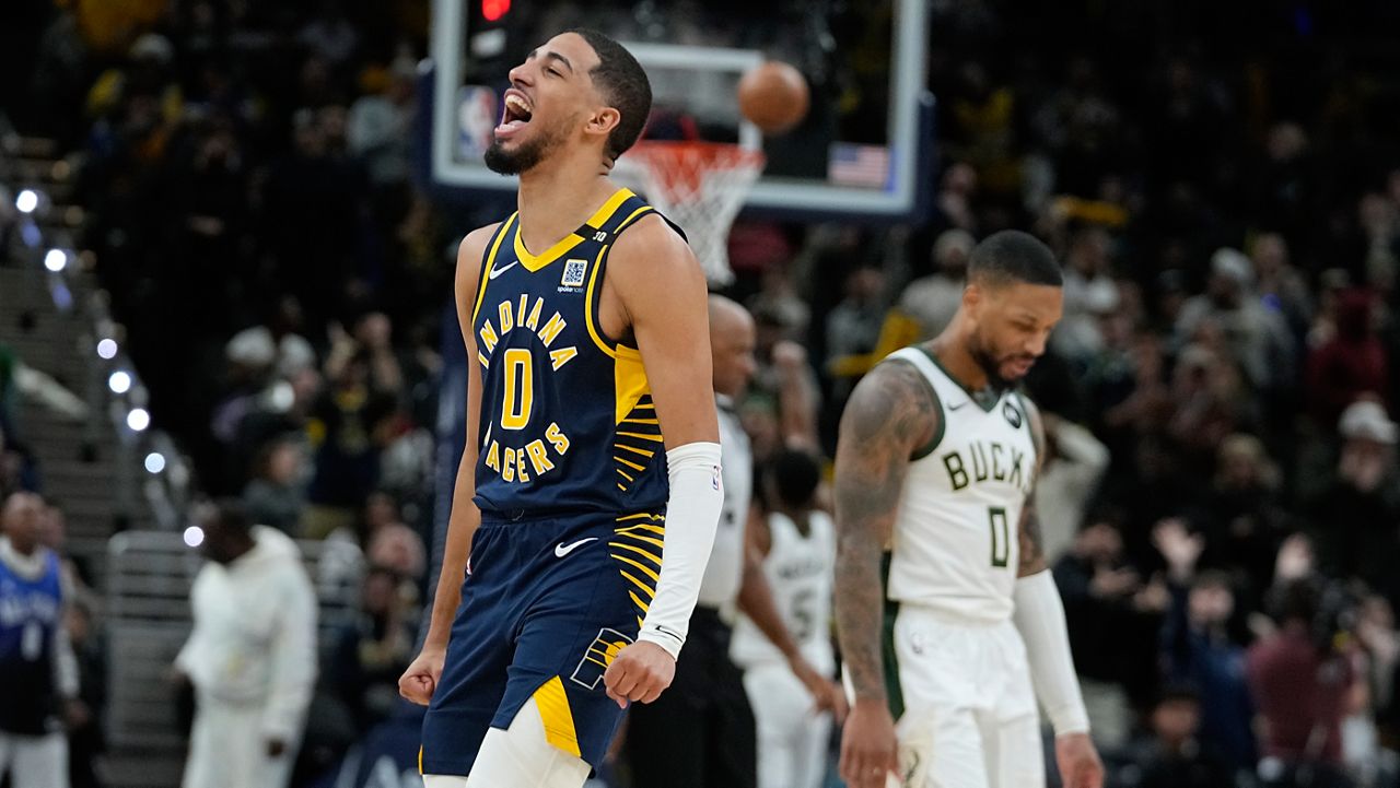 Indiana Pacers' Tyrese Haliburton (0) reacts during the second half of an NBA basketball game against the Milwaukee Bucks