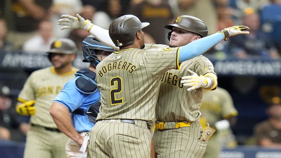 San Diego Padres' Jackson Merrill celebrates his two-run home run off Tampa Bay Rays starting pitcher Ryan Pepiot with Xander Bogaerts (2) during the fourth inning of a baseball game Sunday, Sept. 1, 2024, in St. Petersburg, Fla. (AP Photo/Chris O'Meara)