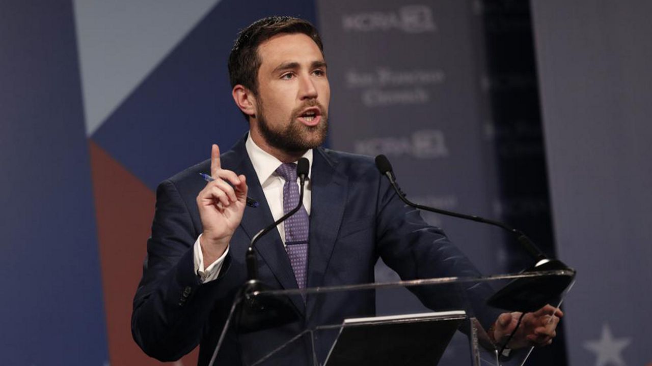 Democrat Kevin Paffrath speaks during a debate between candidates for the upcoming California recall election, held by KCRA 3 and the San Francisco Chronicle in Sacramento, Calif., on Wednesday, Aug. 25, 2021. (Scott Strazzante/San Francisco Chronicle via AP, Pool)