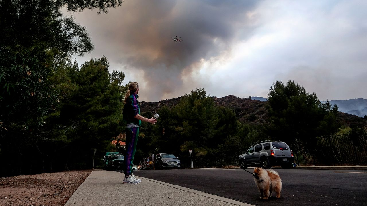 A woman with her dog watches as a plume of smoke rises from a wildfire in the Pacific Palisades area of Los Angeles, Sunday, May 16, 2021. (AP Photo/Ringo H.W. Chiu)