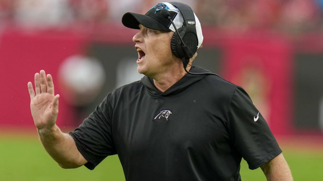 Carolina Panthers interim head coach Chris Tabor yells during the first half of an NFL football game against the Tampa Bay Buccaneers Sunday, Dec. 3, 2023, in Tampa, Fla. (AP Photo/Chris O'Meara)