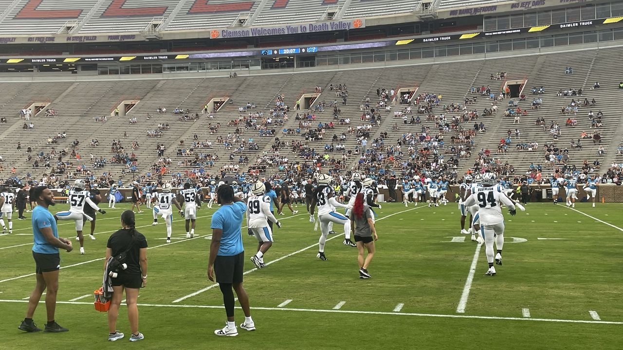 The Carolina Panthers return to Clemson University's Memorial Stadium for a Fan Fest NFL football practice Thursday, Aug. 1, 2024, in Clemson, S.C. The Panthers played their inaugural home games in 1995 at Clemson. (AP Photo/Steve Reed)