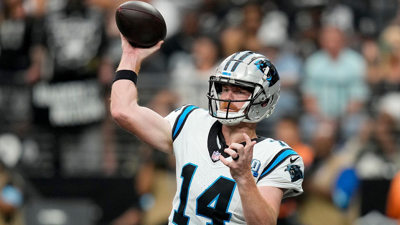 Carolina Panthers quarterback Andy Dalton passes against the Las Vegas Raiders during the first half of an NFL football game, Sunday, Sept. 22, 2024, in Las Vegas. (AP Photo/John Locher)