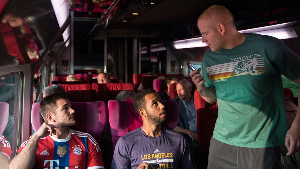 (L-R) ALEK SKARLATOS as Alek, ANTHONY SADLER as Anthony, and SPENCER STONE as Spencer in Warner Bros. Pictures' and Village Roadshow Pictures' "THE 15:17 TO PARIS," a Warner Bros. Pictures release. (Photo credit: Keith Bernstein)