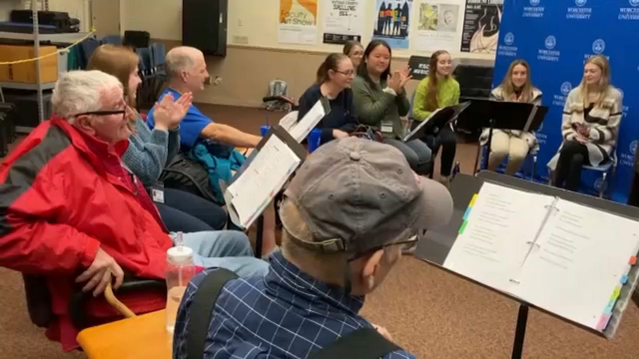 Participants at Worcester State University's sing-along program for people with Parkinson's disease. (Spectrum News 1/Devin Bates)